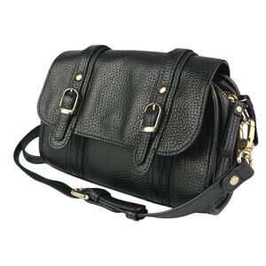 Hiroshima Black Pebbled Leather Buckle Crossbody Messenger Shoulder Bag